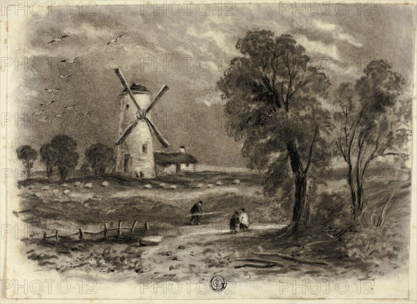 Landscape with Windmill, September 1850, Elizabeth Murray, English, c. 1815-1882, England, Charcoal and stumping and scraping with brush and black ink on ivory wove paper tipped onto board, 175 mm × 240 mm