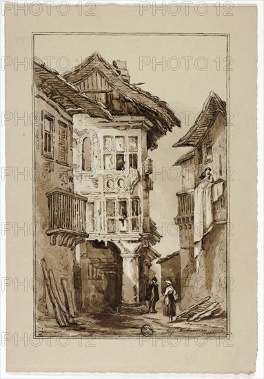 Rustic Street Scene, 1831, Elizabeth Murray, English, c. 1815-1882, England, Pen and brown ink and brush and brown wash, heightened with white gouache, over traces of graphite on brown wove paper, 274 mm × 188 mm