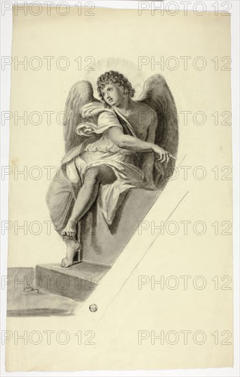 Angel Seated by Tomb, n.d., Elizabeth Murray, English, c. 1815-1882, England, Black chalk and brush and gray wash, over graphite, on cream wove paper, 433 mm × 271 mm