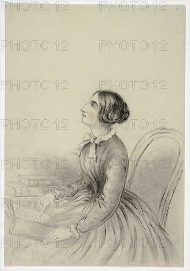 Young Woman Inspired While Reading, n.d., Elizabeth Murray, English, c. 1815-1882, England, Black and red chalk on gray wove paper, 254 mm × 176 mm