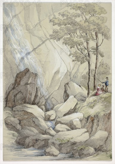 Powerscourt Waterfall, August 1843, Elizabeth Murray, English, c. 1815-1882, England, Watercolor and white gouache over graphite on gray wove paper, 254 mm × 176 mm