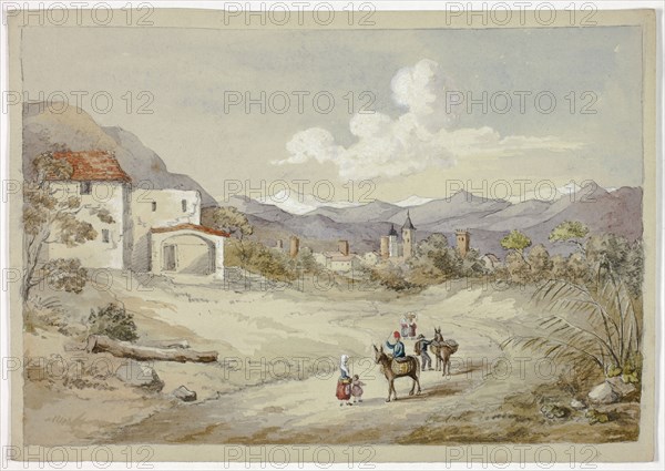 Albenga on the Corniche (Costal) Road, November 6, 1841, Elizabeth Murray, English, c. 1815-1882, England, Watercolor and white gouache over graphite on gray wove paper, 188 mm × 267 mm