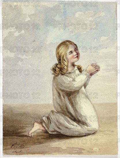 Child Praying, 1848, Elizabeth Murray, English, c. 1815-1882, England, Watercolor over traces of graphite on cream wove paper, 174 mm × 131 mm