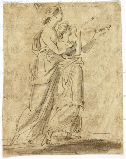 Two Classical Female Figures, n.d., Unknown Artist, French, 19th century, France, Pen and brown ink, with brush and gray wash, on brown tinted laid paper, 145 × 115 mm