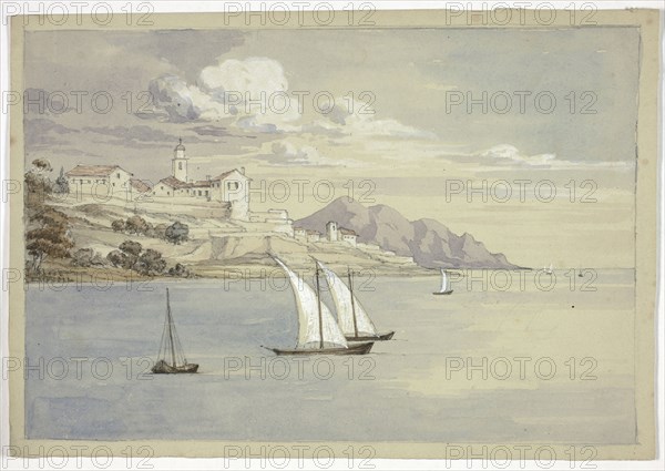Portofino from the Sea, Genoa, October 1841, Elizabeth Murray, English, c. 1815-1882, England, Watercolor and white gouache over graphite on gray wove paper, 188 mm × 267 mm