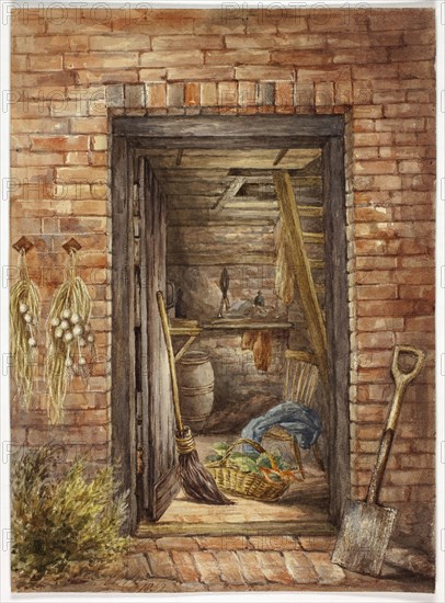 Brick Wall with Open Door and Shovel, 1852, Elizabeth Murray, English, c. 1815-1882, England, Watercolor over traces of graphite on cream wove paper, 254 mm × 184 mm