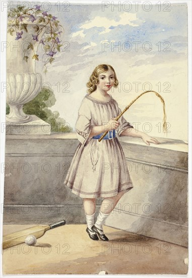 Young Girl with Crop and Cricket Bat, n.d., Elizabeth Murray, English, c. 1815-1882, England, Watercolor over traces of graphite on cream wove paper, 260 mm × 180 mm