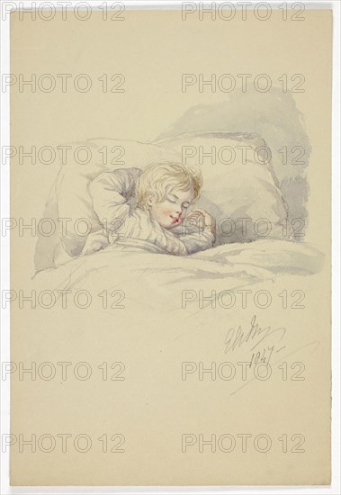 Child Asleep (recto), and Fishermen on Dock (verso), 1847, Elizabeth Murray, English, c. 1815-1882, England, Watercolor over graphite (recto), and graphite (verso), on brown-gray wove paper, 259 mm × 175 mm