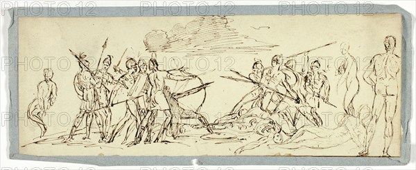 Sketch of Battle Scene (recto), Frigate (verso), n.d. (recto), 19th c. (verso), Unknown Artist, British, 19th century, United Kingdom, Pen and brown ink (recto), and graphite (verso), on cream wove paper, tipped  onto blue laid paper, 98 x 262 mm