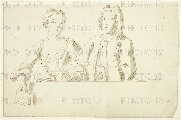 Bust Length Couple, n.d., Unknown Artist, or possibly William Hogarth (English, 1697-1764), England, Pen and brown ink, with brush and gray wash, on ivory laid paper, tipped onto ivory laid mount, 124 × 194 mm