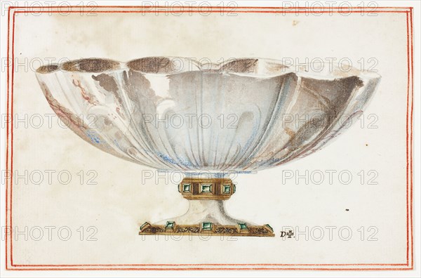 Fluted Bowl with Jewelled Base, n.d., Giuseppe Grisoni, Italian, born Flanders, 1699-1769, Flanders, Gouache over black chalk, on ivory laid paper, 139 × 213 mm