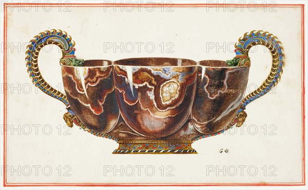 Basin with Enamelled Handles, Decorated with Dragon and Ram Heads, n.d., Giuseppe Grisoni, Italian, born Flanders, 1699-1769, Flanders, Gouache, heightened with gold paint, over black chalk, on ivory laid paper, 160 × 264 mm