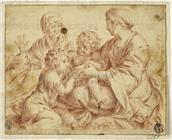 Madonna and Child with Saints Elizabeth and John the Baptist, after 1606, Annibale Carracci, after, Italian, 1560-1609, Italy, Red chalk on ivory laid paper, tipped onto ivory wove card, 132 x 164 mm