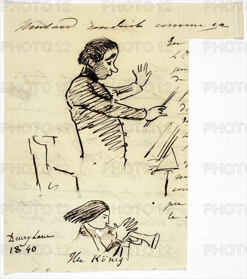 Sketches of Conductor and Trumpet Player, 1840, Attributed to Alfred Edward Chalon, English, born Switzerland, 1780-1860, England, Pen and brown ink on tan wove paper, 198 × 178 mm