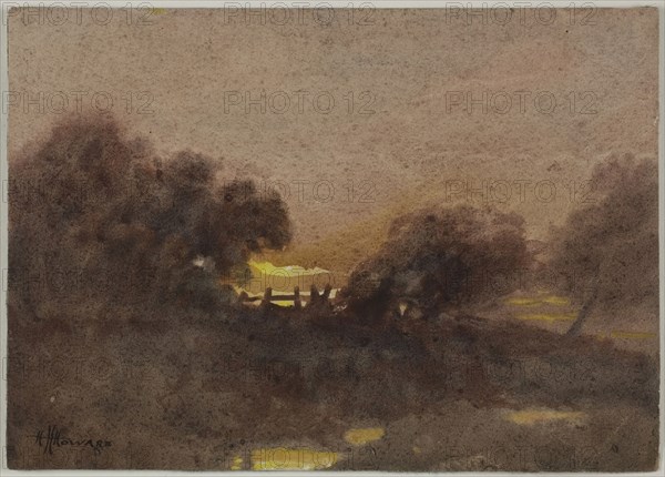 Landscape with Gate at Sunset, n.d., Hugh Huntington Howard, American, 1860-1927, United States, Watercolor on ivory wove paper, laid down on gray wove paper, 136 x 192 mm