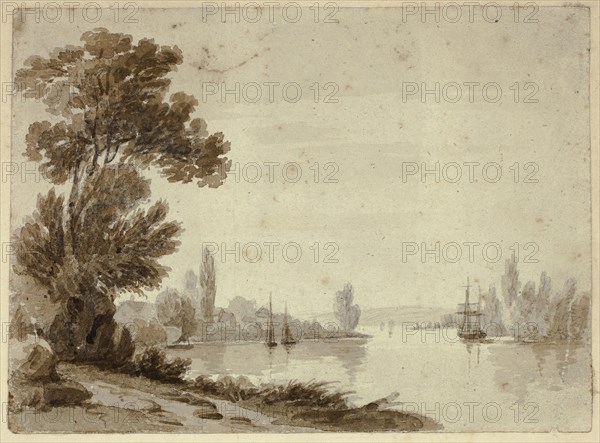 River Scene with Boats, n.d., William Henry Stothard Scott of Brighton (English, 1783-1850), or Joseph Powell (English, 1780-1834), or an unknown artist (British, 19th century), England, Brush and brown wash, over graphite, on off-white wove paper, tipped onto cream card, 136 × 185 mm
