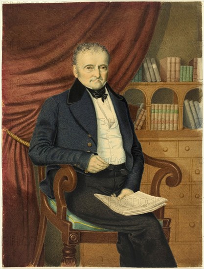 Portrait of Seated Man with Newspaper, c. 1846, Attributed to Adolphus H. A. Wing, English, 19th century, United Kingdom, Watercolor, heightened with gum varnish, on ivory wove paper, tipped onto ivory wove paper, 226 x 171 mm