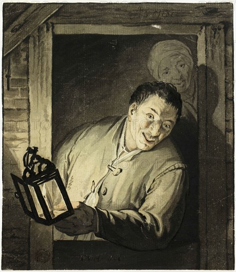 Man with Lantern in Doorway, n.d., After Adriaen van Ostade, Dutch, 1610-1685, Holland, Watercolor on ivory laid paper, partially laid down, 184 x 160 mm