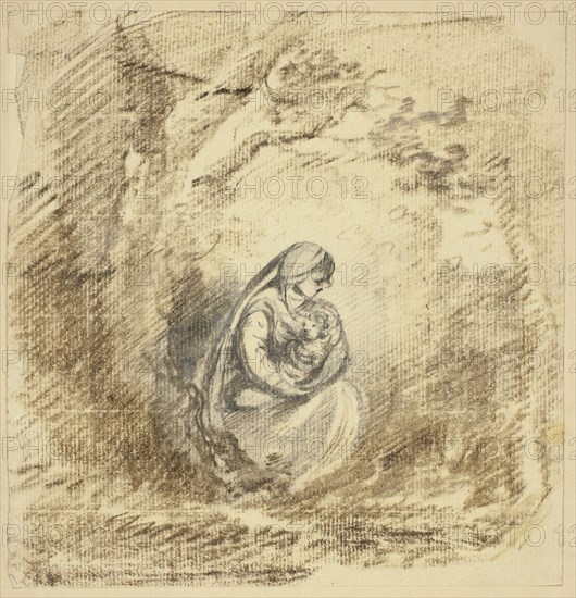 Mother and Child, n.d., Unknown Artist (British, 18th century), or possibly Thomas Gainsborough (English, 1727-1788), or Richard Cooper II (English, born Scotland, 1740-1822), England, Graphite and brown chalk on cream laid paper, tipped onto tan wove paper, 166 × 161 mm