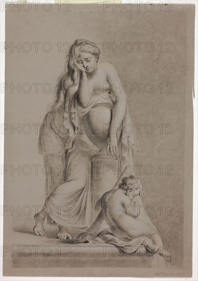 Weeping Allegorical Female Figure with Putto, 1770/79, Attributed to or after Richard Earlom, British, 1743-1822, England, Graphite, with gray wash, highlighted with white chalk, on prepared brown ground, on ivory laid paper, 332 × 231 mm