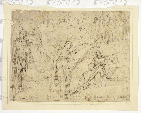 Angel Appearing to Saint Francis of Assisi, with Saint John the Baptist in the Background (recto), Saint Francis Supported by Two Angels, with Sketch of Upper Portion of Monk’s Habit, n.d., Unknown Italian, Marchigian, Late 16th century, Italy, Pen and gray ink (recto), and pen and gray ink with red chalk squared in graphite (verso), on tan laid paper edge mounted to cream wove paper, 121 x 159 mm
