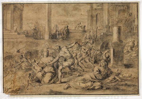Massacre of the Innocents, n.d., Unknown Artist, Flemish or French, 17th century, Flanders, Pen and brown and black ink and brush and black ink, with black chalk and brush and gray wash, on off white laid paper, tipped onto board, 294 × 432 mm