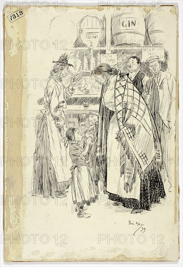 London East End: Sketch in an East End Gin Shop, 1899, Philipp William May, English, 1864-1903, England, Pen and black ink on ivory wove paper, laid down on board, 278 × 190 mm