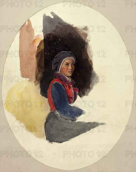 Sketch of Seated Woman in Peasant Costume, n.d., After John Frederick Lewis, English, 1805-1876, England, Watercolor over graphite, on ivory wove paper, tipped onto gray wove paper, 253 mm × 200 mm