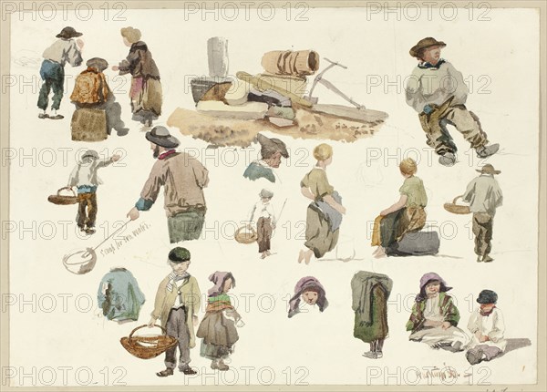 Sketches of Fishermen and Children at Hastings, 1866, Unknown Artist, English, 19th century, England, Watercolor over graphite, on ivory wove paper, tipped onto gray wove paper, 251 × 353 mm