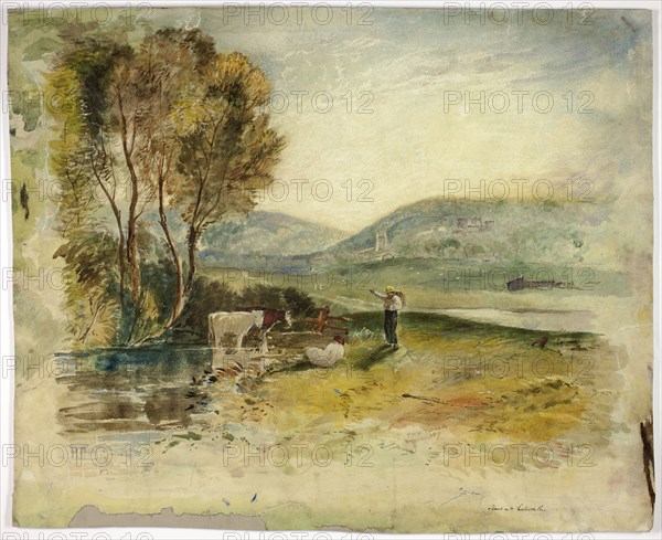 Scene at Lutworth, 1870/80, After Joseph Mallord William Turner, English, 1775-1851, England, Watercolor and gouache with scraping, over graphite, on cream wove paper, laid down on board, 393 × 483 mm