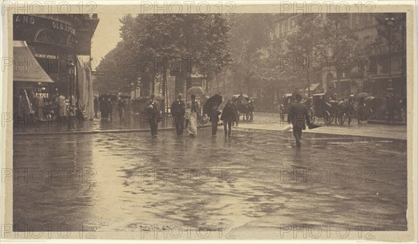 A Wet Day on the Boulevard, Paris, 1894, Alfred Stieglitz, American, 1864-1946, United States, Carbon print, 9.2 x 16.6 cm