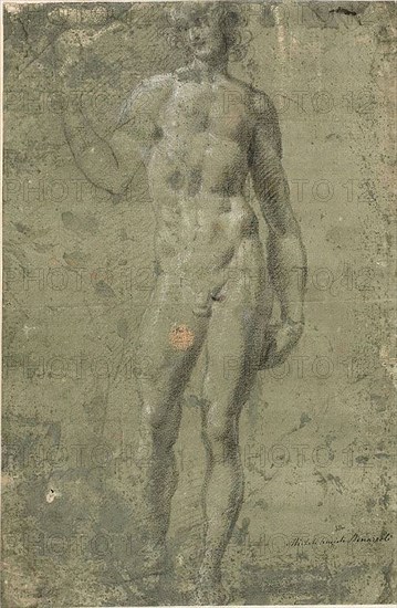Bacchus (recto), Architectural Sketches (verso), n.d., after Michelangelo Buonarroti, Italian, 1475-1564, Italy, Black chalk and graphite, heightened with touches of white chalk (recto, and black and red chalk (verso), on ivory laid paper prepared with a green wash, 335 x 219 mm