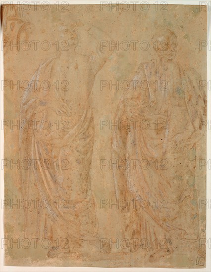 Two Standing Draped Male Figures, n.d., Pietro di Cristoforo Vannucci, called Perugino, after, Italian, c. 1445-1523, Italy, Pen and brush and brown ink, with lead white, on tan laid paper with light green wash, 284 x 219 mm (max.)