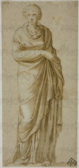 Standing Draped Female Figure, c. 1550, Attributed to Girolamo Sellari, called Girolamo da Carpi, Italian, 1501-1556, Italy, Pen and brown ink with brush and brown wash, over traces of black chalk, heightened with lead white, on ivory laid paper, 203 x 94 mm
