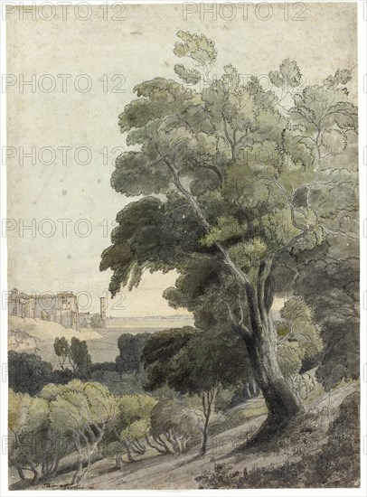 Tivoli, Showing Rome in the Distance, c. 1781, Towne, Francis, English, 1739/40-1816, Unknown Place, Pen and black ink and watercolor, with brush and black wash and touches of graphite, on ivory laid paper, 343 x 248 mm