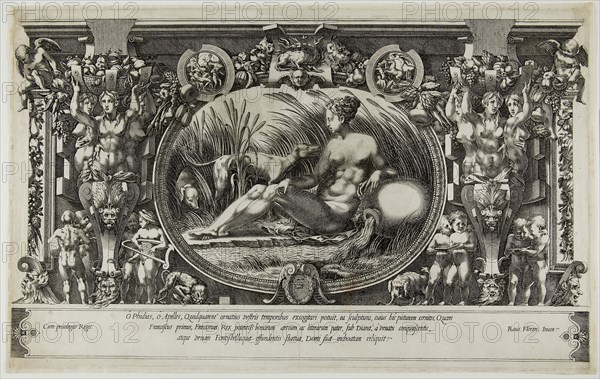 The Nymph of Fontainebleau, 1554, Pierre Milan (French, died 1557), after Rosso Fiorentino (Italian, 1494-1540), France, Engraving on cream laid paper, 522 × 329 mm