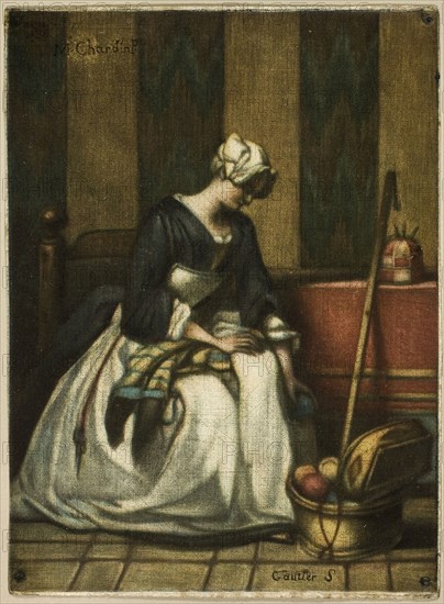 The Tapestry Worker, 1743, Jacques Fabien Gautier D’Agoty (French, 1710-1781), after Jean Baptiste Siméon Chardin (French, 1699-1779), France, Color mezzotint from four plates, on cream laid paper, 220 × 160 mm