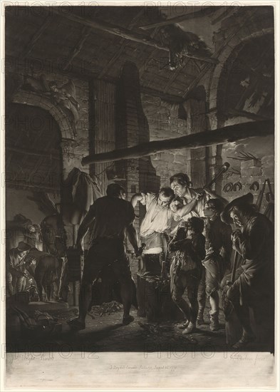 A Blacksmith’s Shop, 1771, Richard Earlom (British, 1743-1822), after Joseph Wright of Derby (British, 1734-1797), England, Mezzotint in black on ivory laid paper, 612 × 434 mm (image), 620 × 440 mm (sheet)