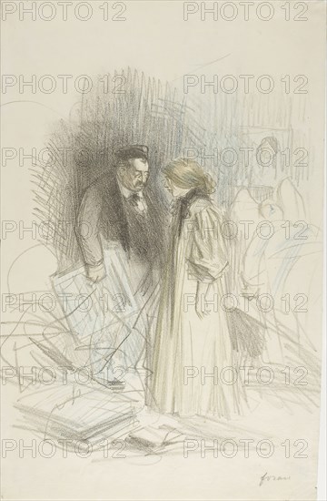 I Don’t Dare Take Them Down…It Would Hurt Him Too Much, c. 1892, Jean Louis Forain, French, 1852-1931, France, Lithograph hand-colored with blue and yellow colored crayons on light ivory wove paper, 332 × 285 mm (image), 355 × 256 mm (sheet)