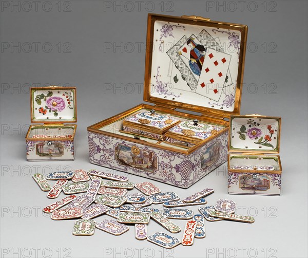 Gaming Set, c. 1735, Du Paquier Porcelain Manufactory, Austria, 1718-1744, Vienna, Hard-paste porcelain, polychrome enamels, gilt mounts, and diamonds, 16.8 × 14.8 cm (6 5/8 × 5 13/16 in.)