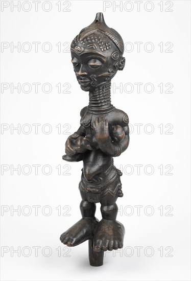 Mother-and-Child Figure (Bwanga bwa Chibola), Mid–/late 19th century, Luluwa, Democratic Republic of the Congo, Central Africa, Democratic Republic of the Congo, Wood and pigment, 28.9 × 8.6 × 8.2 cm (11 3/8 × 3 3/8 × 3 1/4 in.)