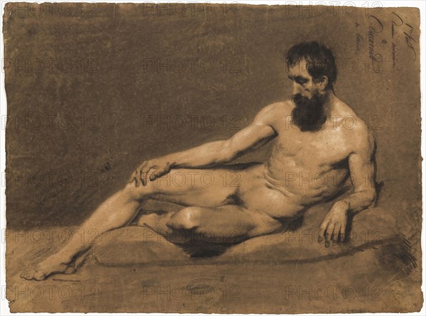 Reclining Male Nude, n.d., Louis-Joseph-César Ducornet, French, 1806-1856, France, Charcoal drawing with white heightening, and pen and ink on tan laid paper, 454 × 606 mm