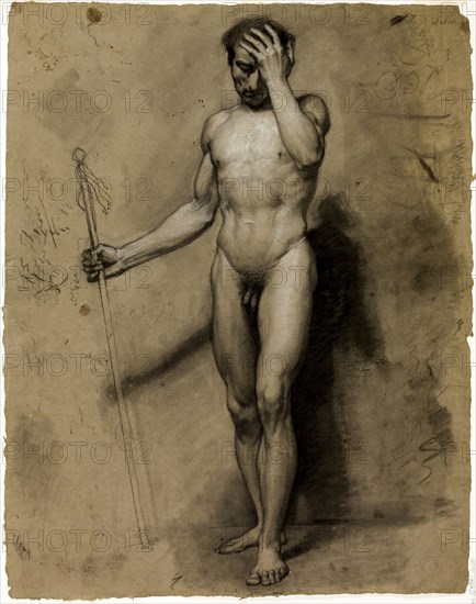 Standing Male Nude (recto), Classical Head (verso), n.d., Paul Emile Detouche, French, 1794-1874, France, Black chalk, with stumping and white heightening (recto), charcoal with white heightening (verso), on buff laid paper, 577 × 448 mm
