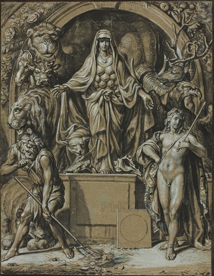 Diana of Ephesus as Allegory of Nature, c. 1680, Joseph Werner, Swiss, 1637-1710, Switzerland, Pen and black ink and brush and gray wash, white and blue gouache, on blue laid paper (discolored to light brown), mounted to laid card, 250 x 193 mm