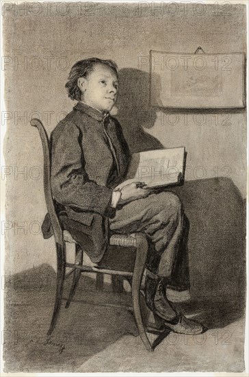 Boy Reading (Jeune Garçon Lisant), c. 1861, François Bonvin, French, 1817-1887, France, Black chalk, heightened with touches of white chalk, on white laid paper, 475 × 312 mm