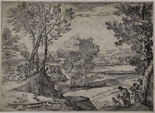 Woman, Her Child, and a Standing Man in a Landscape, 1643, Giovanni Francesco Grimaldi, Italian, 1606-1680, Italy, Etching in black on ivory laid paper, 274 x 380 mm