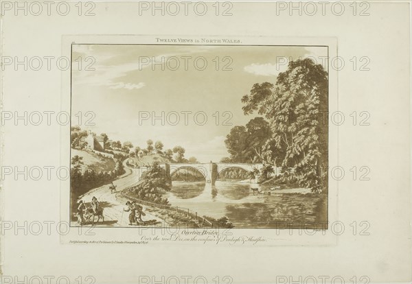 Overton Bridge/Over the River Dee, on the Confines of Denbigh and Flintshire, 1776, Paul Sandby, English, 1731-1809, England, Etching and aquatint in sanguine on ivory laid paper, 239 × 315 mm (plate), 320 × 463 mm (sheet)
