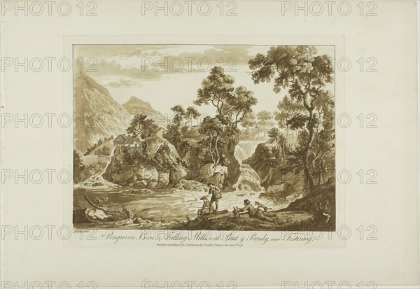 Pengnern Corn and Fulling Mills, with Pont y Pandy, Near Festiniog, 1776, Paul Sandby, English, 1731-1809, England, Etching and aquatint in sanguine on ivory laid paper, 239 × 315 mm (plate), 320 × 463 mm (sheet)