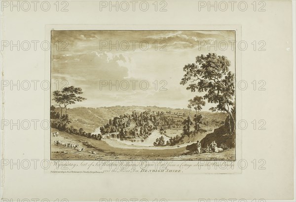 Wynnstay, Seat of Sir Watkin Williams Wynn Bart from a Cottage above the New Bridge over the River Dee, Denbigh Shire, 1776, Paul Sandby, English, 1731-1809, England, Etching and aquatint in sanguine on ivory laid paper, 239 × 315 mm (plate), 320 × 463 mm (sheet)