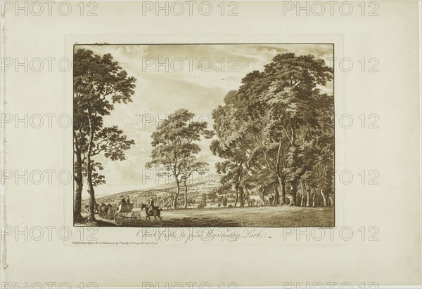 Chirk Castle and c. from Wynnstay Park, 1776, Paul Sandby, English, 1731-1809, England, Etching and aquatint in sanguine on ivory laid paper, 239 × 315 mm (plate), 320 × 463 mm (sheet)